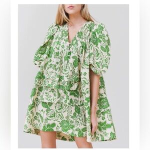 HUNTER BELL Jenkins Dress - Green and Cream Long Sleeve Dress